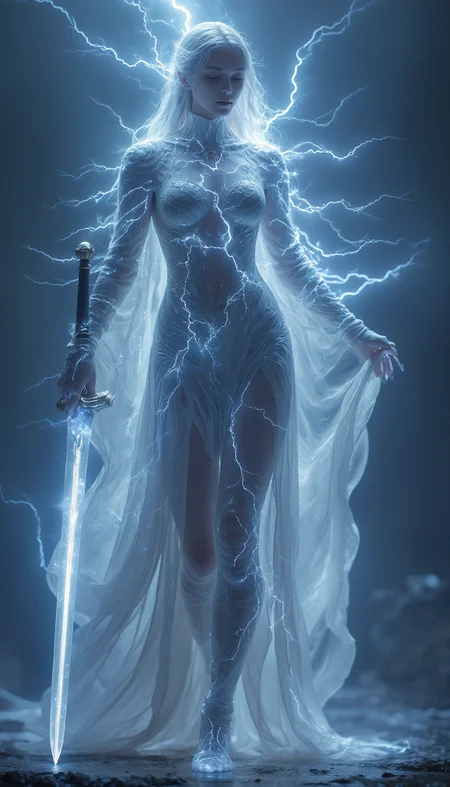 bailing_lightning, 1girl, composed of elements of thunder,thunder,electricity,A magic sword knight,His form is barely tangible,with a soft glow emanating from his gentle contours,The surroundings subtly distort through her ethereal presence,casting a dreamlike ambiance,white lightning,Surrounded by thunder and lightning elemental magic,