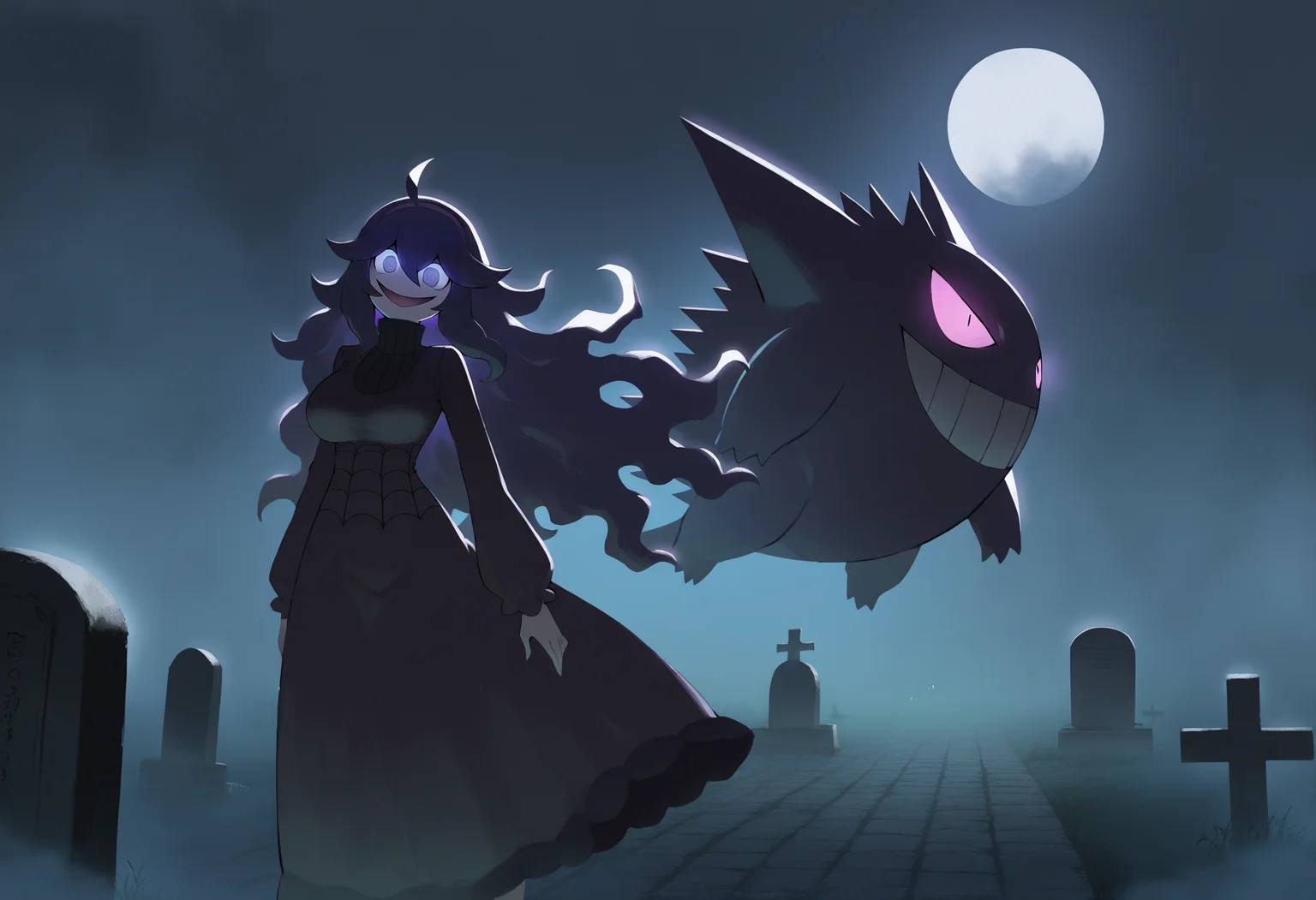 astero, scenery, pokemon \(creature\),
masterpiece,best quality,very aesthetic,newest,
gengar,
1girl,
hex maniac,
purple hair, floating hair,
dress, large breasts, glowing eyes, evil smile,
night, dark, moon, tombstone, cemetery, fog, dark <lora:AsteroIllustriousXL_byKonan:1>
