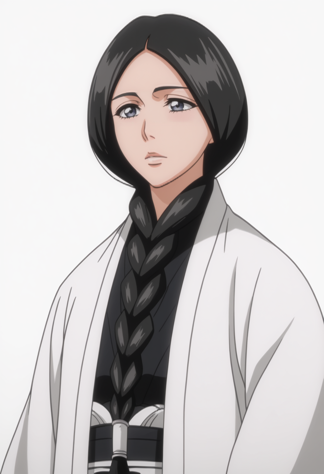 score_9, score_8_up, score_7_up, source_anime, BREAK, white background,  1girl, solo, <lora:DX888Retsu:1>, unohana retsu,   black hair, single braid, black hakama, white haori