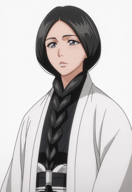score_9, score_8_up, score_7_up, source_anime, BREAK, white background, 1girl, solo, <lora:DX888Retsu:1>, unohana retsu, black hair, single braid, black hakama, white haori
