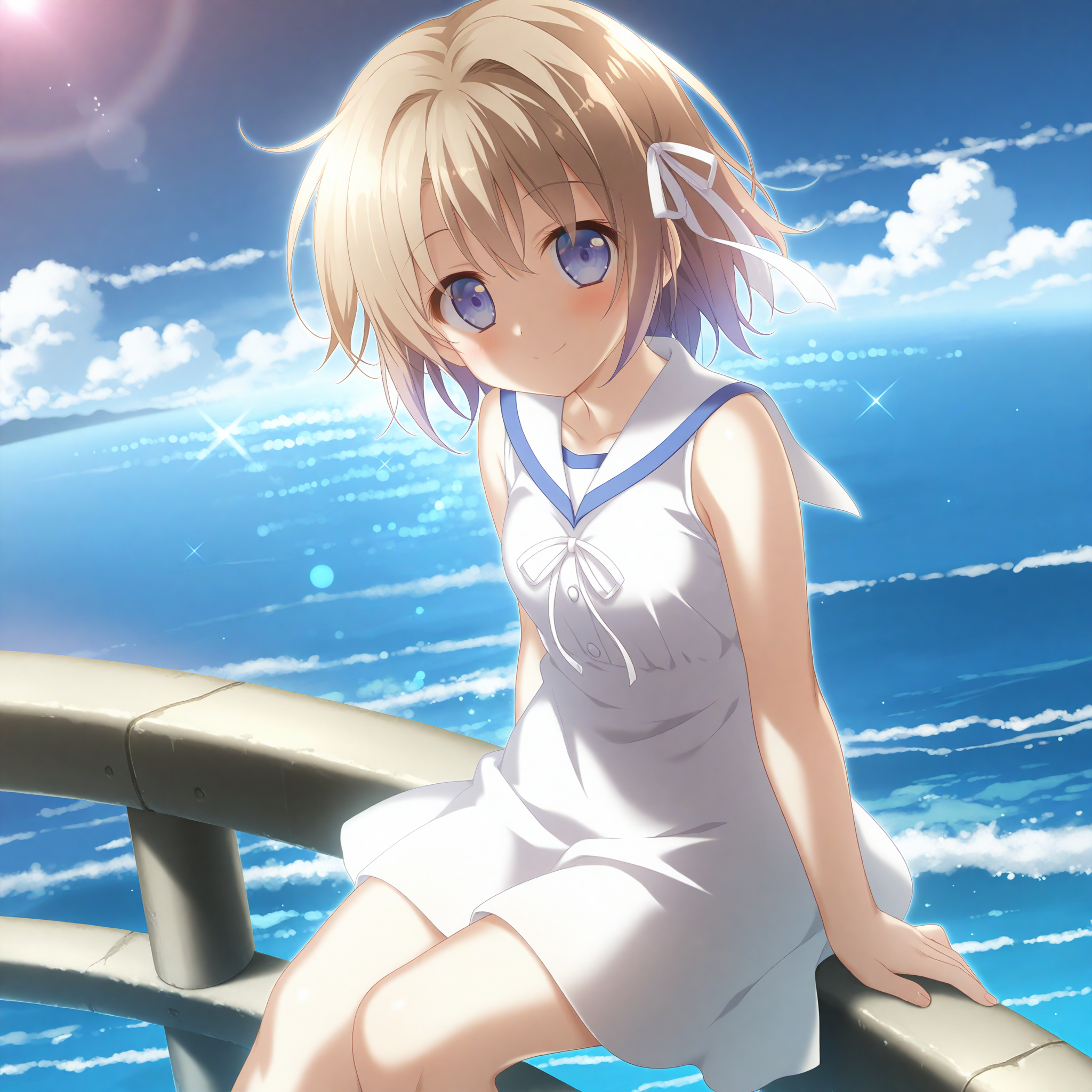 <lora:Minori_art_1_nai_Loha-000078:1.7>,Minori art,
<lora:Nikaido_Ai_1:0.65>,Nikaido Ai,sleeveless dress,white dress,white skirt,hair ribbon,short hair,
1girl,solo,smile,looking at viewer,ocean,day,lens flare,on railing,sitting,arms at sides,