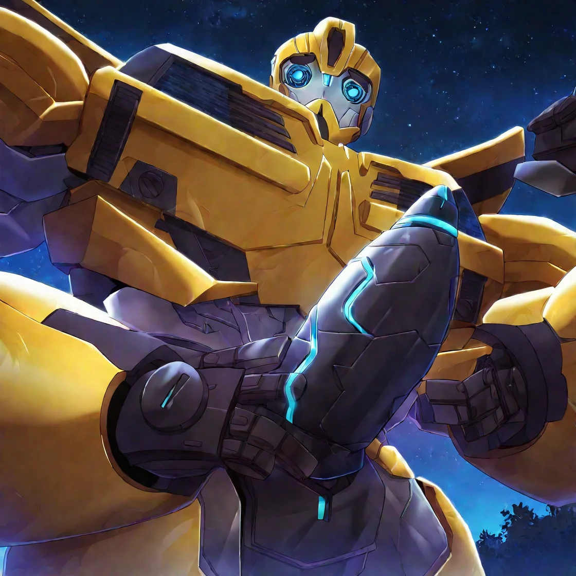 <lora:Bee:1> bee, robot, blue eyes, mecha, solo, 1boy, huge neon penis, shrugging, masterpiece, absurdres, dark, night sky, view from below, shiny