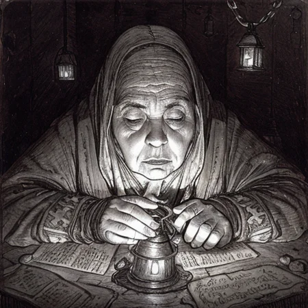 (masterpiece), a picture of (an old hunchbacked woman in grey with a lantern and a child at her hand) at a dark graveyard at night, view from above, a sea of graves, on every grave burns a little candle, <lora:add_detail:1> <lora:Don_Lawrence_Storm_v1:0.5>, dlstormstyle, <lora:Moebius:1>, artwork, award-winning, professional, highly detailed, fine texture, well defined, morbid, sinister, eerie, sad, heartbreaking