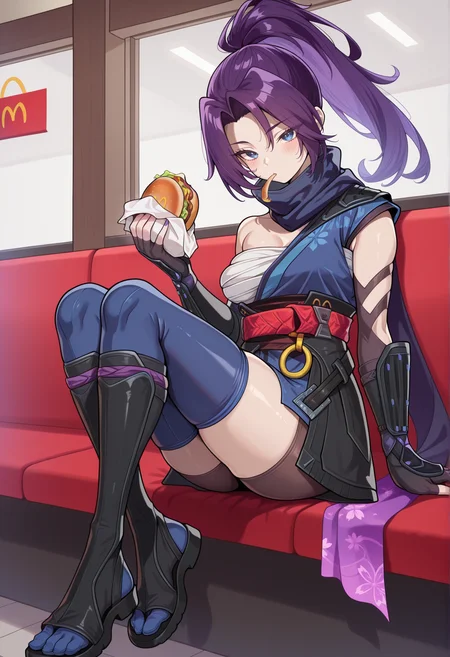 1girl, high ponytail, purple hair, blue eyes, ninja, sleeveless, scarf, asymmetrical clothes, japanese clothes, chest sarashi, obi, o-ring, gauntlets, fingerless gloves, thighhighs, toeless footwear, tabi, sitting, holding burger, mcdonald's, indoors, sitting, food in mouth,  <lora:Weeb_psylocke:1> looking at viewer,, masterpiece, best quality, amazing quality, very aesthetic, absurdres, highres, newest