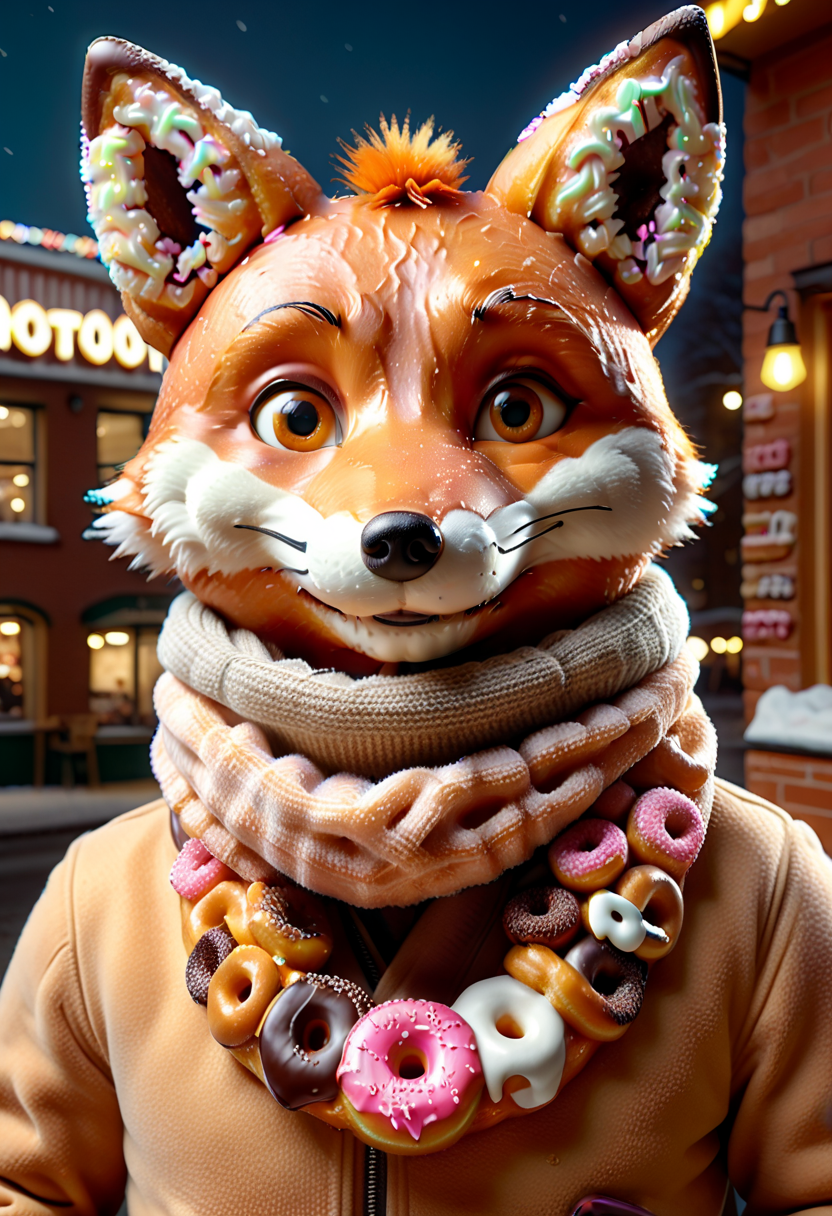 masterpiece, absurdres, high quality, 
(d0nu71f13d), A handsome fox wearing a ((scarf made of doughnuts)) that is way too long, sneaky smile, café, ultra detailed, 4k, Fantastic lighting. Detailed shadows, hyper-detailed, ultra-sharp, 8k , ultra-realistic, photorealistic,
<lora:Donutified_World_Morph:1.2> <lora:moreToppingsCaptioned-SDXL:0.6>