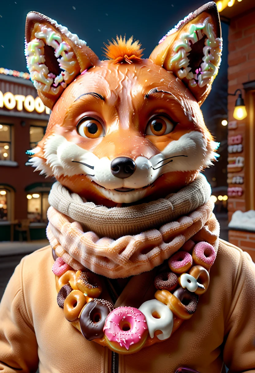 masterpiece, absurdres, high quality,
(d0nu71f13d), A handsome fox wearing a ((scarf made of doughnuts)) that is way too long, sneaky smile, café, ultra detailed, 4k, Fantastic lighting. Detailed shadows, hyper-detailed, ultra-sharp, 8k , ultra-realistic, photorealistic,
<lora:Donutified_World_Morph:1.2> <lora:moreToppingsCaptioned-SDXL:0.6>