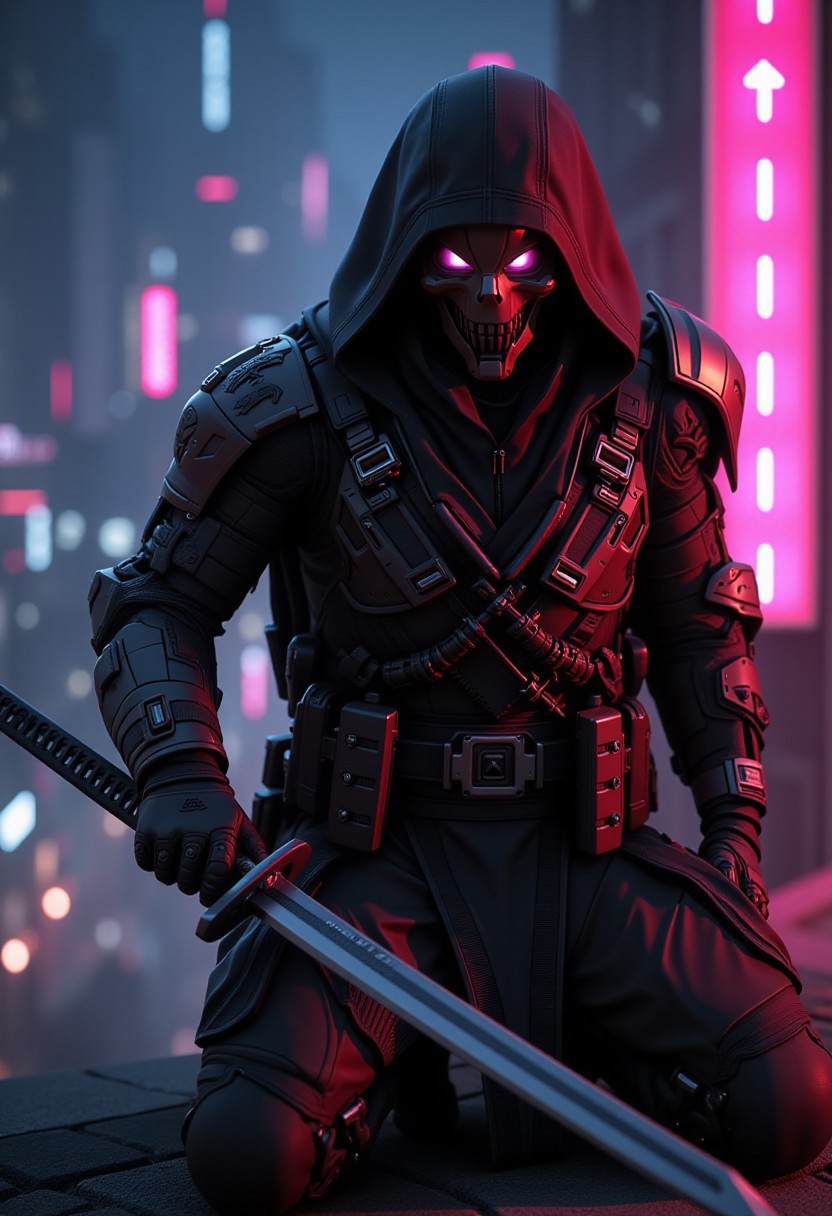 Camera view from above looking down over the character and city below, Night time, Assassin TacExoGear, Tactical, bulky, Off-center composition, close up, half-body shot, Full helmet with Face Skull shaped face shield, highly detailed Eyes, assassin, Futuristic, cybernetic augmentations, cybernetic Night camouflage, assassin battle armor with blades and black intricate details, holding a Katana, Crouching on a rooftop, dynamic scene, Neon Cyberpunk Night City Cityscape Background, Cityscape, walking through a firefight in the streets, warm morning light, cybernetic robot retro cyberpunk, 80's inspired, synth-wave, neon, vibrant, detailed, retro-futurism. Android, AI, machine, metal, wires, tech, futuristic, highly detailed, Neon Cyberpunk Night City Cityscape Background, cinematic film still glamorous photo dark art by Rafael Zabaleta, expressionism art by Asger Jorn, vibrant, Abstract expressionism, experimental painting techniques, bold bright colors, dynamic compositions, Expressionism, emotive brushwork, brilliant tones, dramatic lighting, introspective themes. high fashion, luxurious, extravagant, stylish, sensual, opulent, elegance, stunning beauty, professional, high contrast, detailed. shallow depth of field, vignette, highly detailed, high budget, bokeh, cinemascope, moody, epic, gorgeous, film grain, grainy