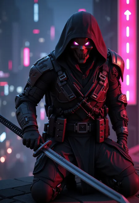 Camera view from above looking down over the character and city below, Night time, Assassin TacExoGear, Tactical, bulky, Off-center composition, close up, half-body shot, Full helmet with Face Skull shaped face shield, highly detailed Eyes, assassin, Futuristic, cybernetic augmentations, cybernetic Night camouflage, assassin battle armor with blades and black intricate details, holding a Katana, Crouching on a rooftop, dynamic scene, Neon Cyberpunk Night City Cityscape Background, Cityscape, walking through a firefight in the streets, warm morning light, cybernetic robot retro cyberpunk, 80's inspired, synth-wave, neon, vibrant, detailed, retro-futurism. Android, AI, machine, metal, wires, tech, futuristic, highly detailed, Neon Cyberpunk Night City Cityscape Background, cinematic film still glamorous photo dark art by Rafael Zabaleta, expressionism art by Asger Jorn, vibrant, Abstract expressionism, experimental painting techniques, bold bright colors, dynamic compositions, Expressionism, emotive brushwork, brilliant tones, dramatic lighting, introspective themes. high fashion, luxurious, extravagant, stylish, sensual, opulent, elegance, stunning beauty, professional, high contrast, detailed. shallow depth of field, vignette, highly detailed, high budget, bokeh, cinemascope, moody, epic, gorgeous, film grain, grainy