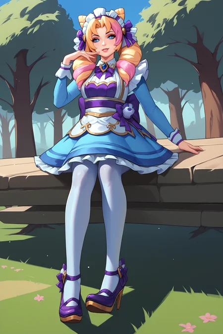 score_9, score_8_up, score_7_up, score_6_up, BREAK, GwenCafeCXL, blue eyes, one eye star-shaped pupil, blonde hair, pink hair, multicolored hair, twin drills, double buns, parted bangs, maid headdress, purple bow, medium breasts, maid, purple bowtie, blue dress, long sleeves, blue skirt, white pantyhose, purple footwear, high heels, solo, full body, sitting, bellow view, seductive smile, looking at viewer, forest, tree <lora:GwenCafeCXL:0.9>