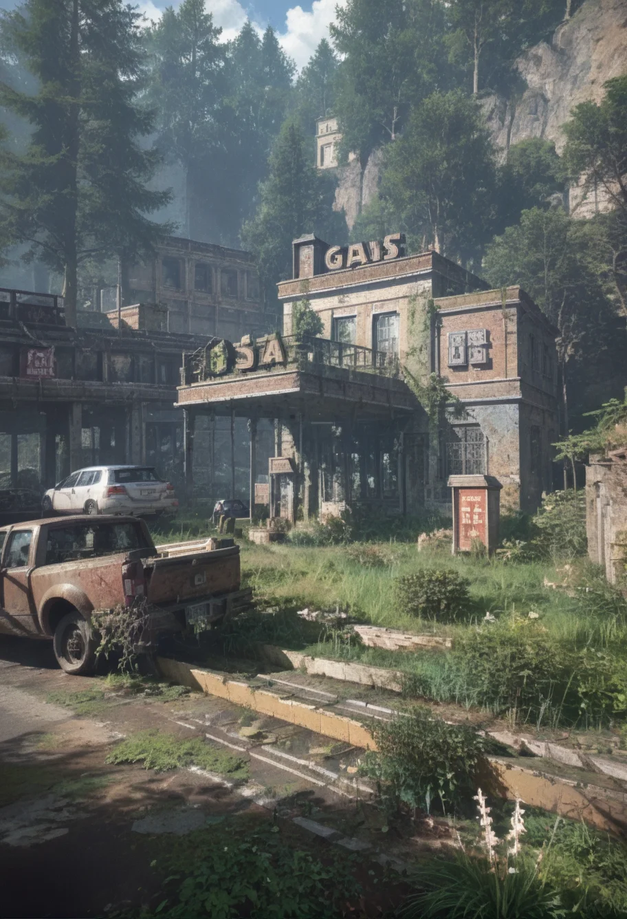 ,ruanyi0763,outdoors,tree,building,ruins,gas station,<lora:0763 post apocalypse_v1_pony:1>, score_9,score_8_up,score_7_up,,8k,1girl,solo,