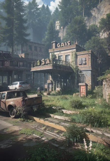 ,ruanyi0763,outdoors,tree,building,ruins,gas station,<lora:0763 post apocalypse_v1_pony:1>, score_9,score_8_up,score_7_up,,8k,1girl,solo,