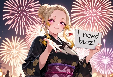 perfect quality, high quality, masterpiece, absolutely eye-catching, ambient occlusion, raytracing, 1girl(mrnktg, long hair, multicolored hair, colored tips, blonde hair, pink eyes, large breasts, ear piercing),forehead, single hair bun, black kimono, print kimono, smiling, blowing kiss, dancing in the street, happy, fireworks, tokio by night, need_buzz, holding sign that says "Need buzz for more"