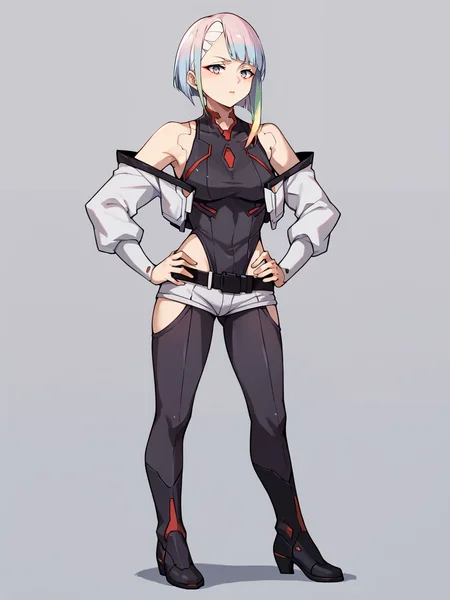score_9, score_8_up, score_7_up, score_6_up, score_5_up, score_4_up, BREAK, source_cartoon, source_anime, 1girl, solo, lucy \(cyberpunk\), short hair, bangs, red eyeliner, bare shoulders, black belt, bodysuit, leotard, white open jacket, short shorts, boots, full body, hands on hips, looking at viewer, solo, simple background <lora:LucyXL:1>