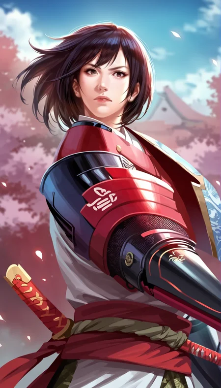 score_9,score_8_up,score_7_up,
highly detailed,highres,<lora:naotoraIi>,naotora ii,
1girl,solo,
black hair,short hair,bangs,brown eyes,looking at viewer,serious face,japanese armor,japanese shoulder armor,layered red and white fabric,intricate patterns,
upper body,
outdoors,sky,simple background,blurry background,