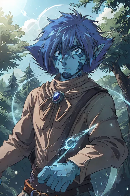 (masterpiece), 2D animation, 90s anime style, detailed face, expressive eyes,
1man, looks like Zelgadis, has blue skin, tan gloves,
focused expression, casting spell, detailed hands, swirling magic,
detailed background, vibrant magical forest, cinematic lighting, daytime, sunshine,
(cowboy shot:1.2),
<lora:Zelgadis001:0.8> zelgadis, blue skin
<lora:muscle_slider_v1:-1>, <lora:weight_slider_v2:-1>
<lora:Concept - Cryomancer:0.4>
