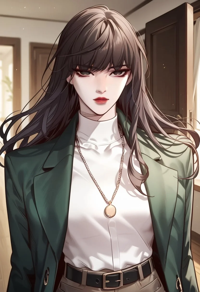 score_9, score_8_up, score_7_up,score_6_up,
jiyoungyoo,1girl, solo, long hair, black hair, bangs, black eyes,
outfit3, necklace, white shirt, green jacket, black belt, brown pants, long sleeves, perfect eyes, mature,
upper body, indoors, door frame,Expressiveh