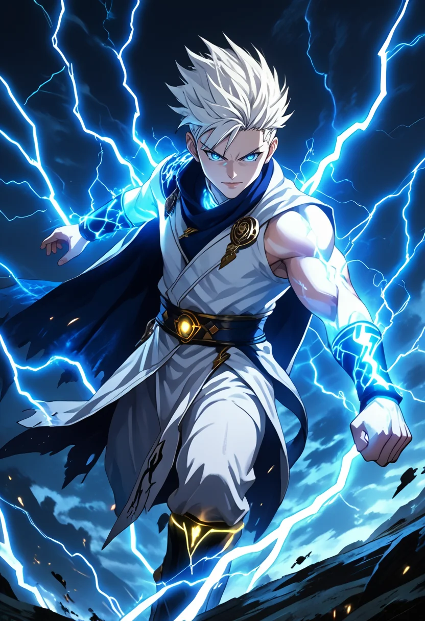 source_anime, (masterpiece), (best quality), score_9, score_8_up, score_7_up, (masterpiece:1.2), (best quality:1.3), <lora:killua_zoldyck_pony:0.65> killua_zoldyck, 1boy, white hair, blue eyes, undercut, white tattered cloak, attack pose, stance, lightning powers, muscular <lora:Lightning_magic_Magic_PACK:0.8> Ligmagmb, electricity, lightning, glowing,, masterful composition, dynamic movement <lora:Anime Style (Vauxz) PONY:0.8>, low-key lighting, lo-fi, glow, dynamic cinematic lighting, ray_tracing, global illumination, <lora:Ayuli2424PDXL32v0.901tx1:0.55> a0b, in The Abyssal Trench background, <lora:StS_Skin_Tone_Slider_v5:2.78> <lora:age_slider_v4:2.25>
