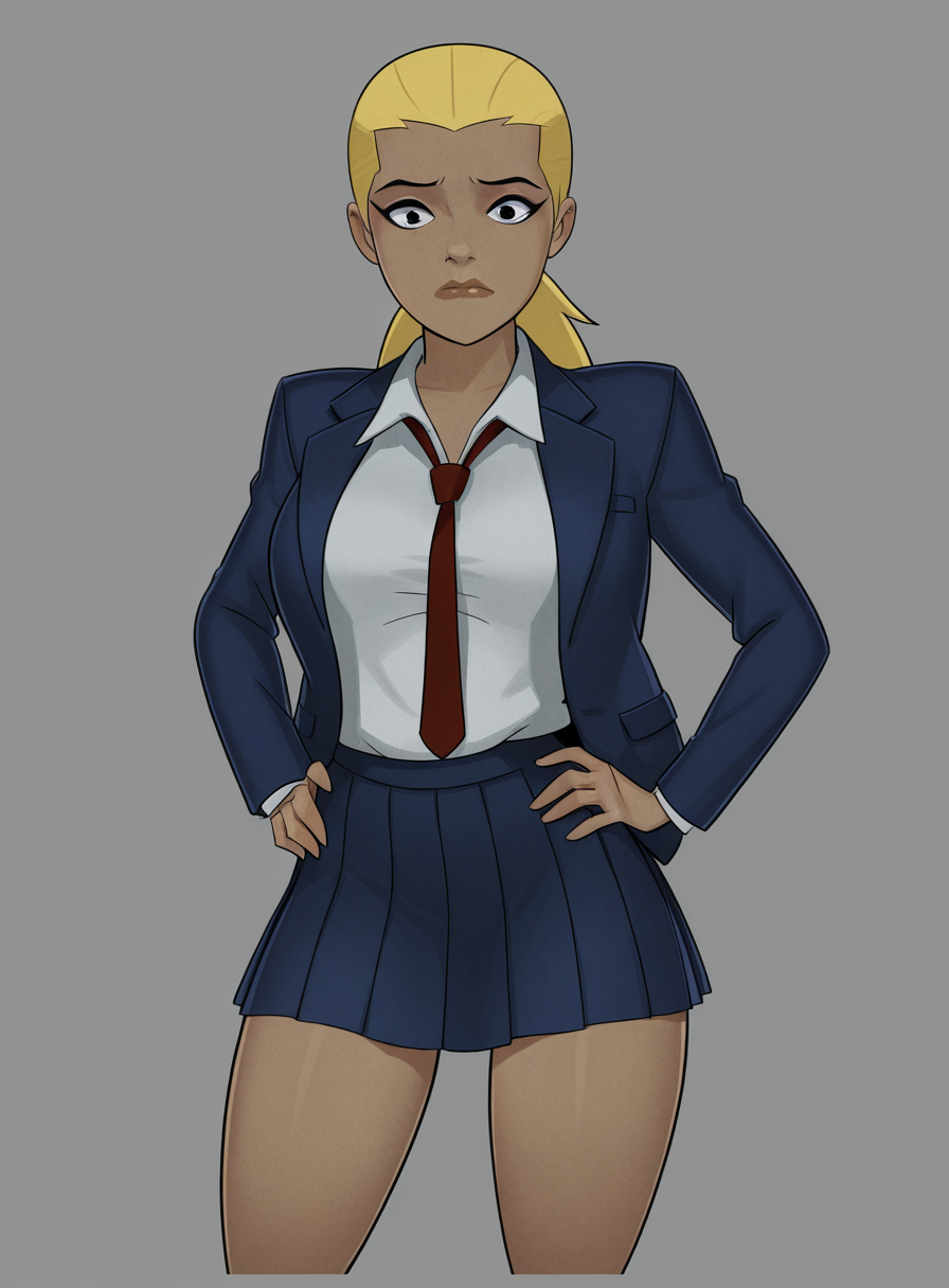 masterpiece, best quality, highres,
<lora:Artemis_-_Something_Unlimited-000015:1>, SU_Artemis, 1girl, blonde hair, contrapposto, cowboy shot, dark-skinned female, dark skin, hand on hip, hands on hips, blue jacket, long hair, looking at viewer, necktie, pleated skirt, school uniform, shirt, skirt, solo, black eyes, ponytail, lips, concerned,