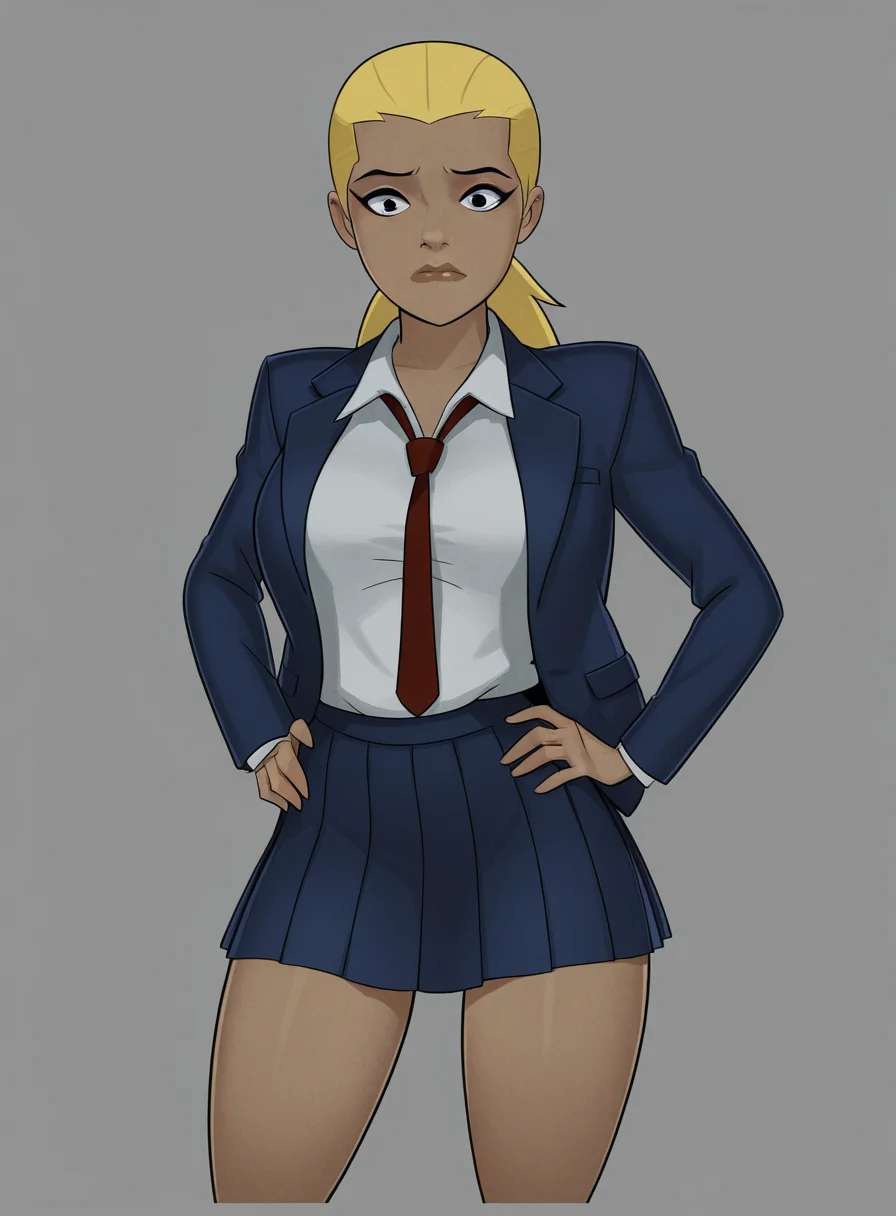 masterpiece, best quality, highres,
<lora:Artemis_-_Something_Unlimited-000015:1>, SU_Artemis, 1girl, blonde hair, contrapposto, cowboy shot, dark-skinned female, dark skin, hand on hip, hands on hips, blue jacket, long hair, looking at viewer, necktie, pleated skirt, school uniform, shirt, skirt, solo, black eyes, ponytail, lips, concerned,