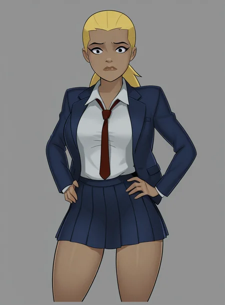 masterpiece, best quality, highres,
<lora:Artemis_-_Something_Unlimited-000015:1>, SU_Artemis, 1girl, blonde hair, contrapposto, cowboy shot, dark-skinned female, dark skin, hand on hip, hands on hips, blue jacket, long hair, looking at viewer, necktie, pleated skirt, school uniform, shirt, skirt, solo, black eyes, ponytail, lips, concerned,