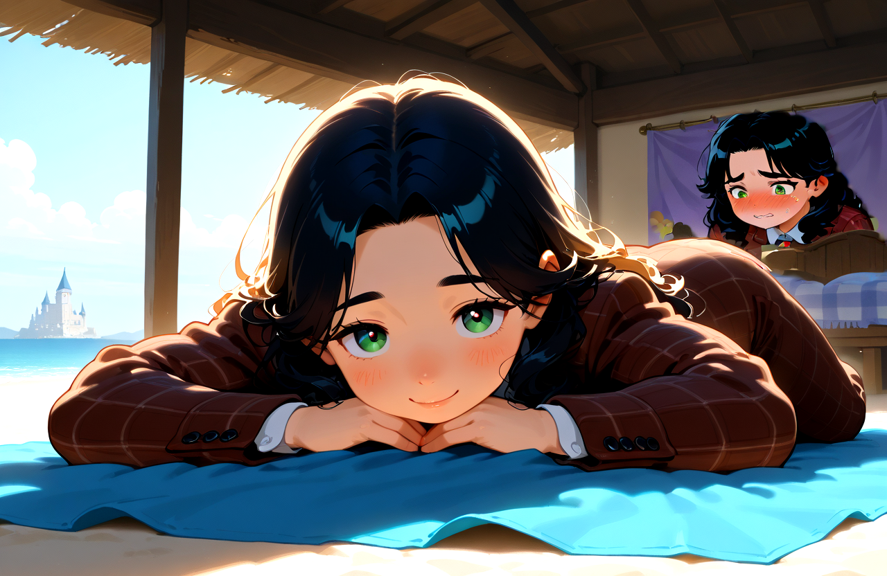 PonyScores7, source_anime, ah1, <lora:natsumi_style:0.5>, <lora:by_usakun-pony:0.4> by usakun, <lora:Akina_Bbw_Style_-_PonyXL:0.2> AkinBw
BREAK 1girl, (curly hair), long hair, (black hair:1.3), mature female, (parted hair:1.7), (round face:1.2), (thick eyebrows:1.2), (curvy), round-chin, (greenish brown eyes:1.4), (colorful eyes), (multicolored eyes), caucasian, (downturned eyes:1.2), (plump face), messy hair, <lora:Round_face:0.1>, <lora:ETO_OCPonyXL:0.5> eto_oc, skindentation, (plump), thick thighs, wide hips, busty, voluptuous, kinky curls, lips, <lora:venus body PonyXL:0.4>, (((embarrassed blush smile), (lying on the stomach on a beach towel, with the sound of waves crashing nearby and a captivating novel open beside), (Fairy Tale Castle Bedroom with Canopy Bed and Tapestry Drapes))), looking at viewer, (((cutty sark Plaid or tweed suit)))
BREAK <lora:xl_more_art-full_v1:0.2>, <lora:shinyskin2:0.2> glistening skin, <lora:aesthetic_anime_v1s:0.2>, <lora:Expressive_H:0.2> Expressiveh, <lora:hairdetailpxl:0.2> hairdetailpxl, <lora:EpicF4nta5yXL:0.2>, <lora:detailxl:0.2> detailxl, <lora:Fant5yP0ny:0.2>, best quality, amazing quality, best aesthetic, absurdres, <lora:expressive eyes:0.2> expressive eyes, <lora:eyedetailpxl:0.2> eyedetailpxl, illustration, Volumetric_Lighting, ultra-detailed, very aesthetic, intricate details, 8k, masterpiece, best_quality
BREAK (multiple views)
BREAK <lora:Eyes_High_Definition:0.3> EyesHD, Stable_Yogis_PDXL_Positives, AS-Adult, <lora:Complicated fantasy portrait - XL Pony V2.0:0.4>, bad-hands-5, <lora:HDA_Detailer:0.2>, HDA_FatGirlXL,