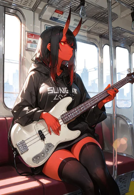 masterpiece, best quality, good quality, newest, highres, absurdres, volumetric lighting,gradient color,
BREAK 
raytracing, volumetric lighting, ambient occlusion, girl, 
BREAK
Aka-Oni, oni, colored skin, (red skin:1.3), straight horns, solo, long hair, model style,
 evil eyes, evil, bullying, sinister, 
solo, hood down, black thighhighs, expressionless, [sitting], looking to the side, (((straight on))), front view, (leaning against glass), carrying Bass Guitar, sunbeam, sunlight, lens flare, train interior, cityscape,  dynamic pose, dynamic shot, (sexy, slutty, hot)