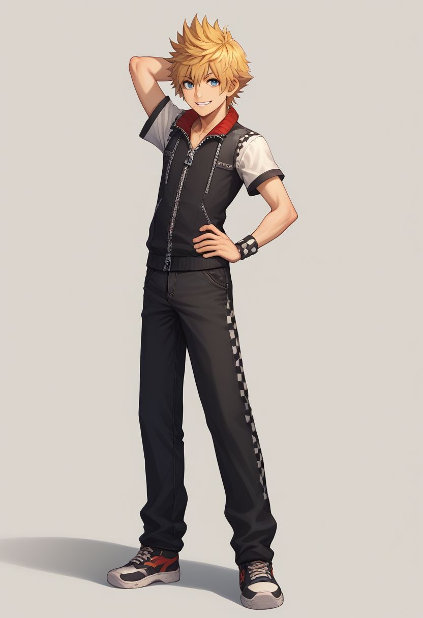 score_9, score_8_up, source_anime, highly detailed, 1boy, solo, male_focus slender, skinny, full body,
roxas, 1boy, zipper, solo, male focus, spiked hair, blue eyes, jewelry, smile, blonde hair, standing, pants, short sleeves, hand on hip, zipper pull tab, full body, hands behind head,
outdoor,