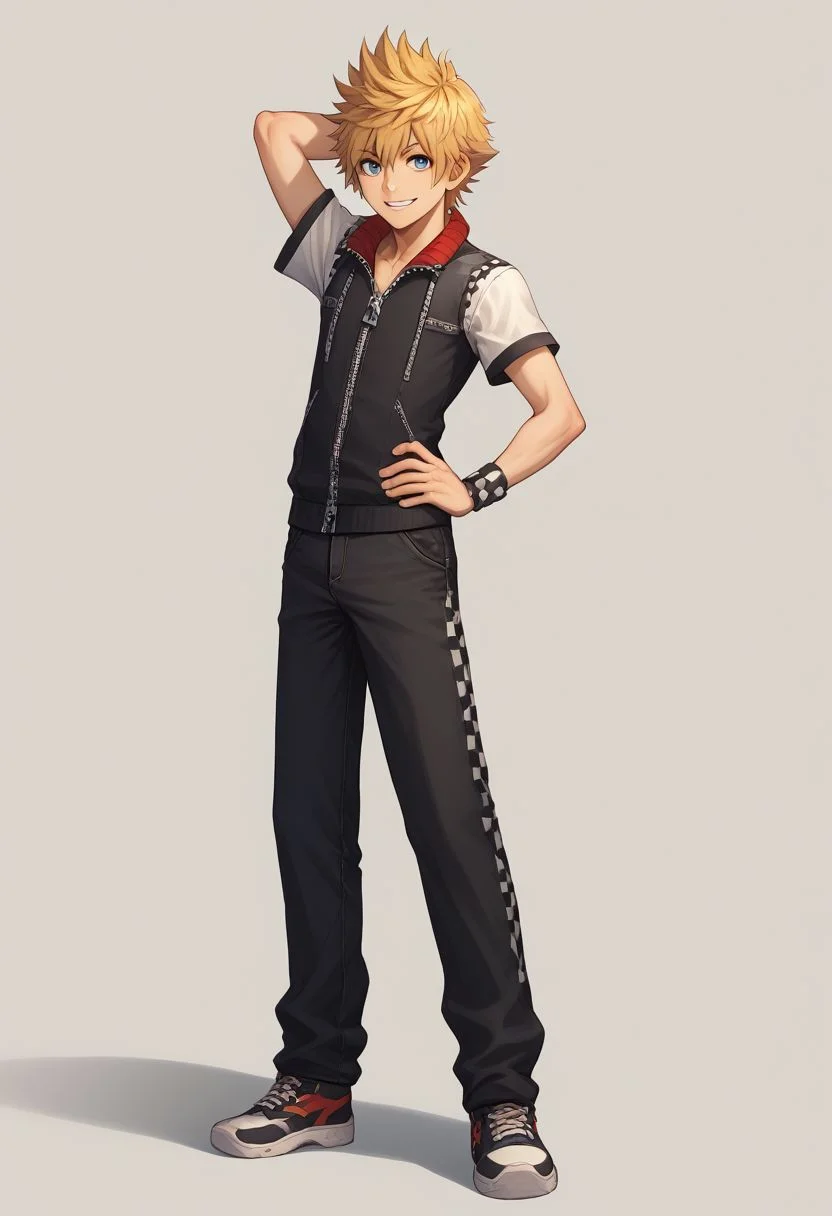 score_9, score_8_up, source_anime, highly detailed, 1boy, solo, male_focus slender, skinny, full body,
roxas, 1boy, zipper, solo, male focus, spiked hair, blue eyes, jewelry, smile, blonde hair, standing, pants, short sleeves, hand on hip, zipper pull tab, full body, hands behind head,
outdoor,