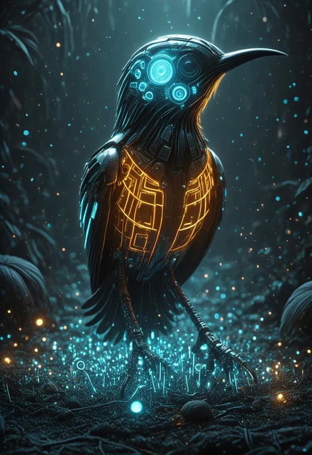 A hyperrealistic 24mm photo of a bird with robot segments, depth of field, simple background, monochrom background, Bioluminescent World, cubes and sphere background, masterpiece, absurdres, vibrant, steampunk ruins setting, dynamic angle, dynamic pose, dramatic light, highly detailed, high resolution textures, ultra high resolution, futuristic, cyborg vibes, mobe-cybideen,