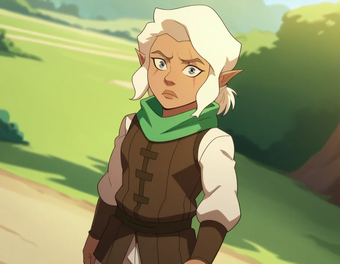 score_9, score_8_up, score_7_up, source_anime,
piketrickfoot, <lora:pike-trickfoot-ponyxl-lora-nochekaiser:1>,
pike trickfoot, white hair, pointy ears, dark skin, grey eyes, scar, scar on face, scar across eye,
scarf, green scarf, boots, pants, white pants,
outdoors,
looking at viewer, dutch angle, cowboy shot,