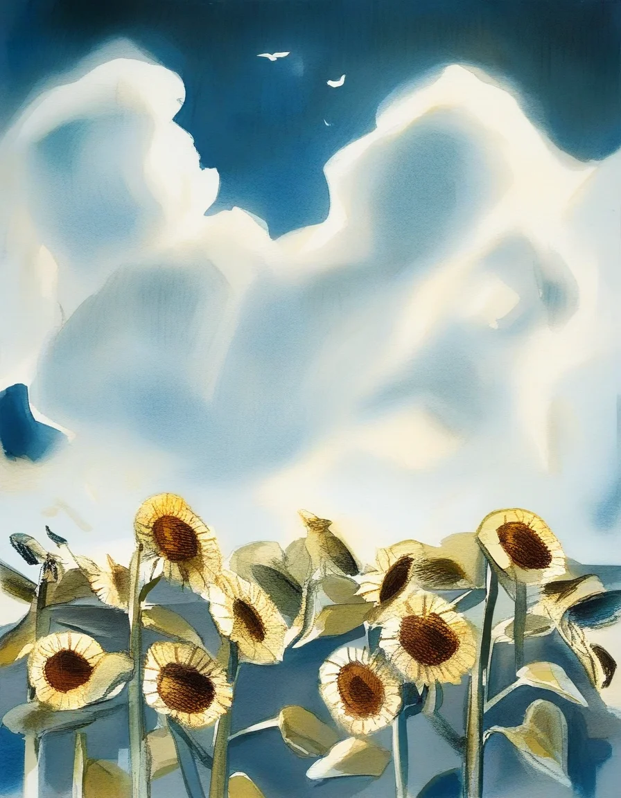 no-humans, sunflower, scenery, clouds, birds, masterpiece, best quality, newest, absurdres, highres