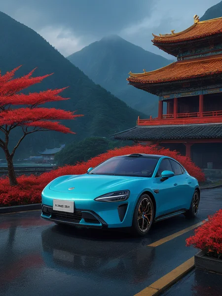 xiaomiSU7,blue,rainy day,a person is face to a red and black color China ancestral temple::0.5 in the mountains,flowers and leaves are flying in the air,digital art,embellished with gold,light,cyberpunk,fairyland,majestic,umbrella,plants,rainline,grand,mysterious,warm,profound,futuristic,super wide angle shot,frontal shot,super low-angle,crazy details,symmetry,8k,wallpaper,
<lora:xiaomiSU72-000008:0.8>,car,