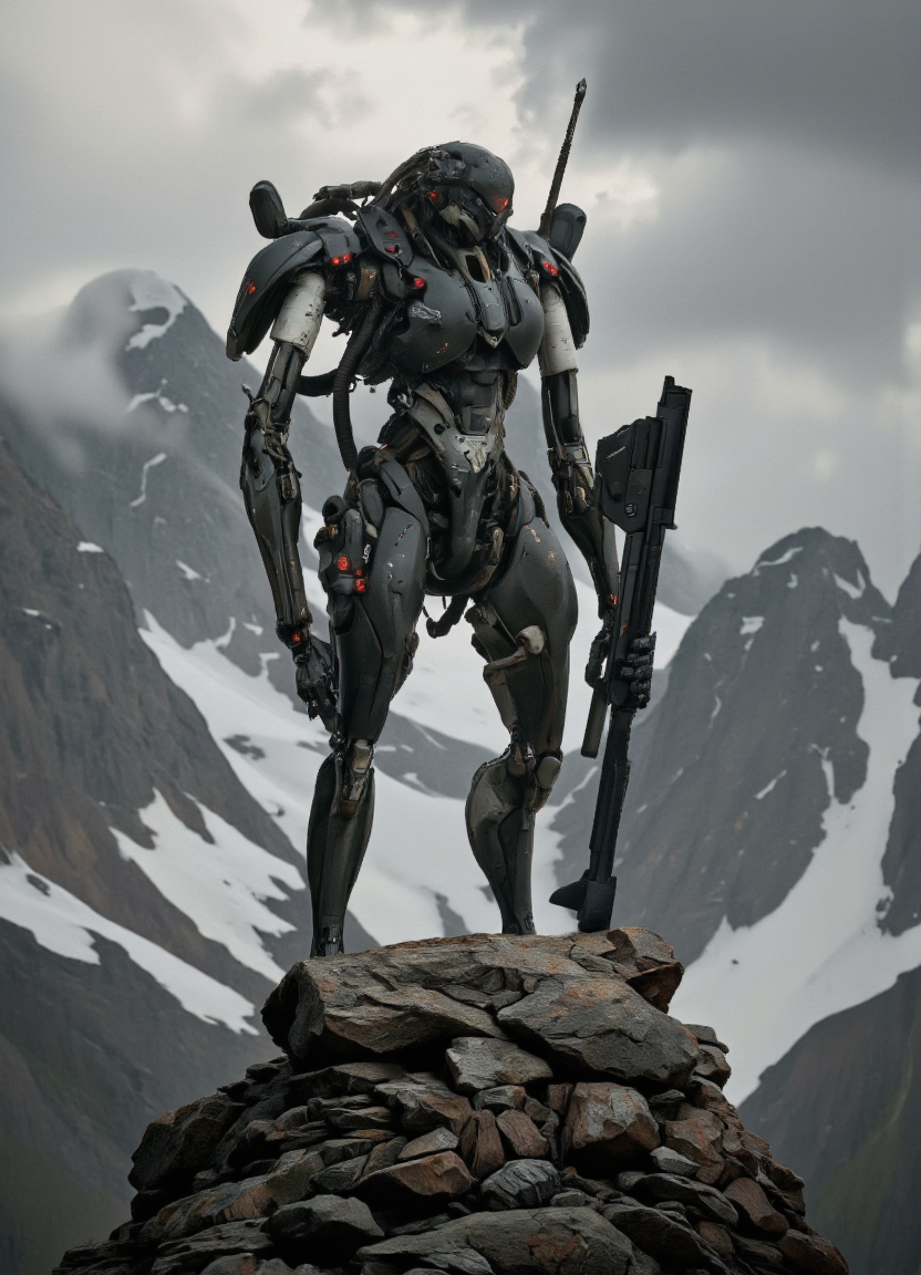 . A photo-realistic shoot from a frontal camera angle about a highly detailed, futuristic, sci-fi robot standing on a rocky mountain peak, holding a large gun. the image also shows a dramatic, mountainous landscape with snow-covered peaks and a cloudy sky in the background. on the middle of the image, a large, imposing, black, metallic, humanoid robot appears to be standing, facing the viewer. the robot has a sleek, futuristic design with intricate details and glowing red accents. it has a long, straight-leg design with multiple arms extending from its sides, each holding a gun. its body is composed of multiple mechanical components, including a mechanical arm, a mechanical leg, and a mechanical foot. its eyes are glowing red, giving it an intense, almost ethereal quality. the overall mood is dramatic, with the robot standing out against the rocky terrain and the cloudy sky.