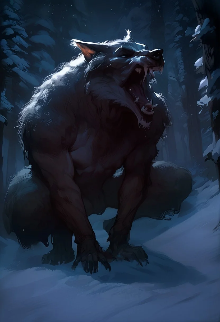 safe_pos, score_9, score_8_up, score_7_up, rating_explicit, source cartoon, 1boy, werewolf, WillCorv, snow, forest, night, full body, shaggy white long fur, roar, close up