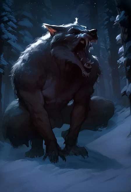 safe_pos, score_9, score_8_up, score_7_up, rating_explicit, source cartoon, 1boy, werewolf, WillCorv, snow, forest, night, full body, shaggy white long fur, roar, close up