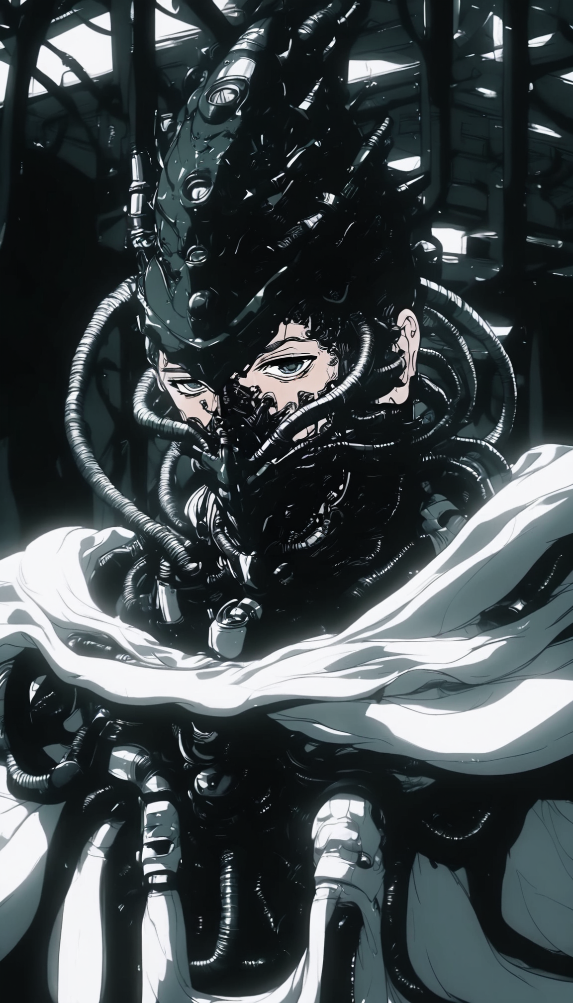solo, cable, science fiction, tube, wire, looking at viewer, gas mask, 1boy, headgear