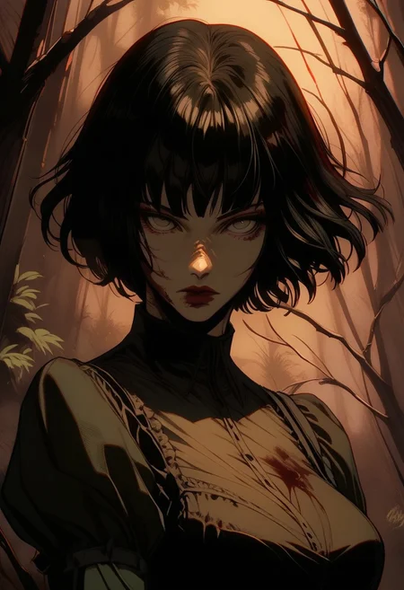 score_9, score_8_up, score_7_up, score_6_up, gthan, gthan, 1girl, solo, black hair, looking at viewer, short hair, bangs, closed mouth, dress, black eyes, dutch angle, red lips, fair skin, big breasts, dark forest, dappled moonlight, upper body, blood, lowered head, GLSHS, partially illuminated