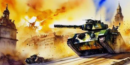 watercolor \(medium\, Generate a stunning art style, a true [masterpiece] [best quality] of art. lmnrsstnk tank,  charging forward. In the background a [battlefield, gothic city, warhammer 40k] is to be seen in [grand:1.8, high-scale:1.8, panorama:1.8] from [from below].  
<lora:Leman_Russ_Battle_Tank_-_Warhammer_40000_SDXL:1>