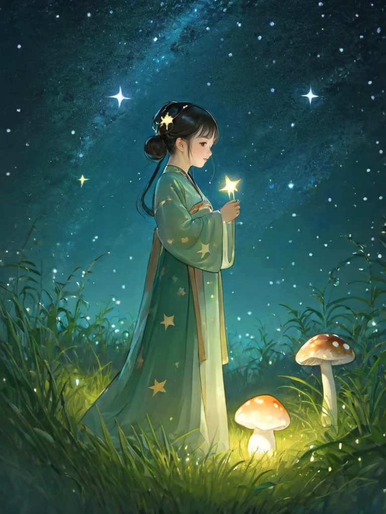 star,starlight,forest,1girl,grass,mushroom,squirmle,nights,surrounded by shining stars,best quality,masterpiece,illustratio,1girl, hanfu,<lora:hanfuTang_v41_R_SDXL:0.55>,