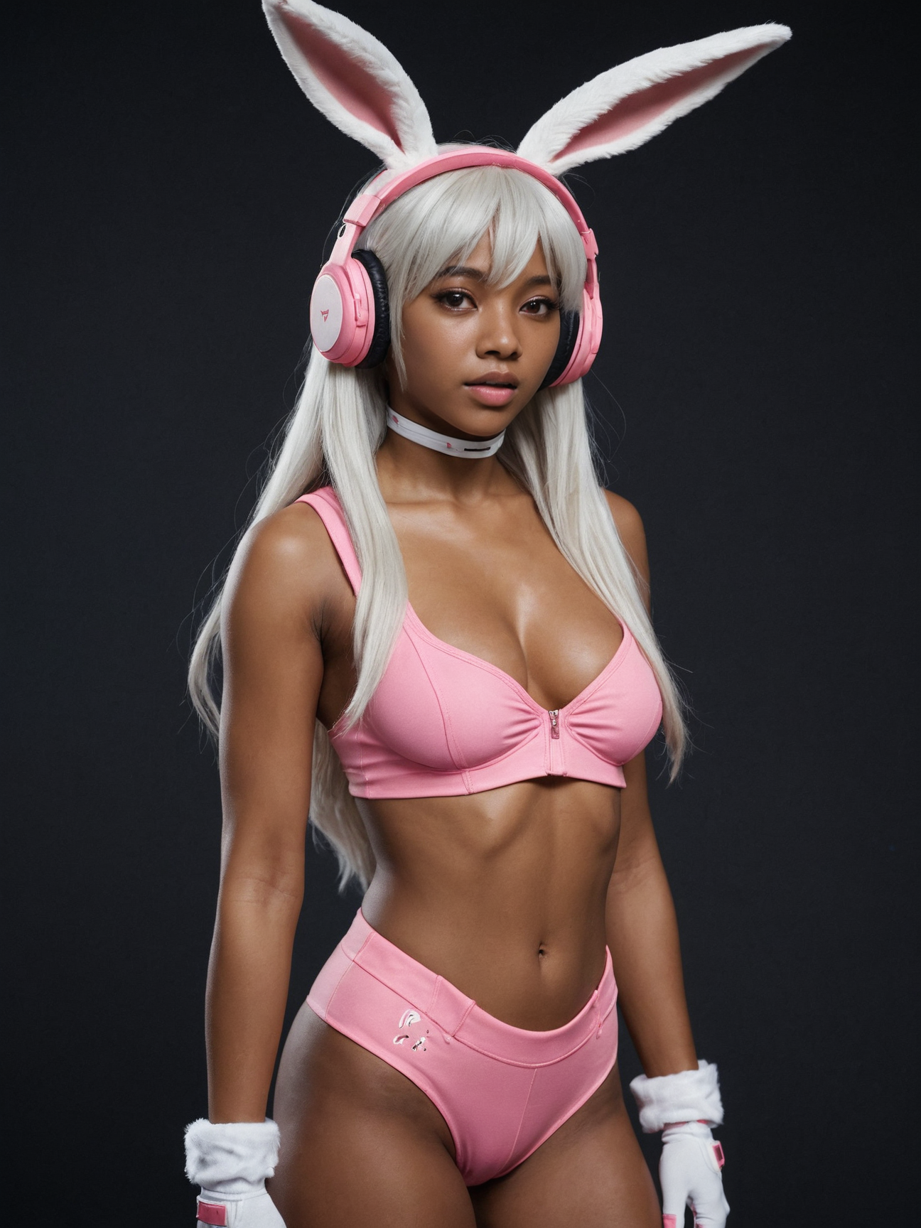 from side, 1girlrumi usagiyama, long hair, animal ears, white hair, dark skin, rabbit ears, dark-skinned female, muscular, rabbit girl, muscular female, parted bangs,expressionless,pink visor,glowing visor,headphones ,wire,standing , (empty eyes, pink eyes, no pupils), open mouth, anime screencap, looking at the viewer, photo, raw,realistic