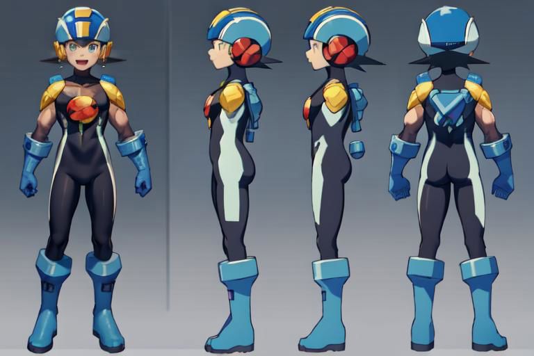 (masterpiece, official art, simple background), best quality, 1boy, solo, chara-sheet, megaman, blue footwear, blue boots, blue headwear, blue helmet, purple bodysuit, covered collarbone, yellow pauldron, full body, blue gloves, green eyes, looking at viewer, male focus, open mouth, smile, solo, standing, muscular, large pectorals, thick thighs