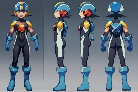 (masterpiece, official art, simple background), best quality, 1boy, solo, chara-sheet, megaman, blue footwear, blue boots, blue headwear, blue helmet, purple bodysuit, covered collarbone, yellow pauldron, full body, blue gloves, green eyes, looking at viewer, male focus, open mouth, smile, solo, standing, muscular, large pectorals, thick thighs