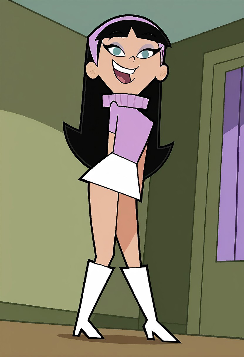 score_9, score_8_up, score_7_up, score_6_up, score_7_up,source_cartoon BREAK trixiet, 1girl, solo, black hair, long hair, hairband, blue eyes, smile, open mouth, blunt bangs,large ass,large breast,curvy body,boots,skirt, BREAK girl flirting, indoors,bedroom,looking at viewer, cowboy shot, dutch angle