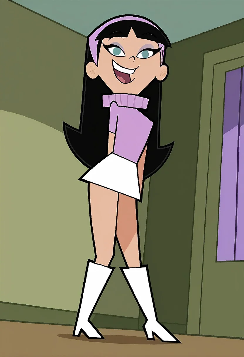score_9, score_8_up, score_7_up, score_6_up, score_7_up,source_cartoon BREAK trixiet, 1girl, solo, black hair, long hair, hairband, blue eyes, smile, open mouth, blunt bangs,large ass,large breast,curvy body,boots,skirt, BREAK girl flirting, indoors,bedroom,looking at viewer, cowboy shot, dutch angle