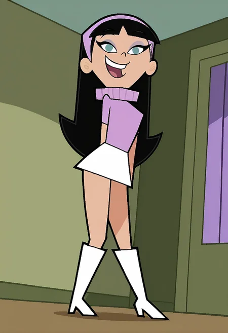 score_9, score_8_up, score_7_up, score_6_up, score_7_up,source_cartoon BREAK trixiet, 1girl, solo, black hair, long hair, hairband, blue eyes, smile, open mouth, blunt bangs,large ass,large breast,curvy body,boots,skirt, BREAK girl flirting, indoors,bedroom,looking at viewer, cowboy shot, dutch angle