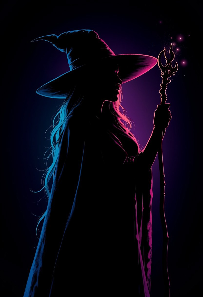 lifelike anime illustration, silhouetted outline against a dark background, rainbow colours, a female mage holding a magical staff, viewed from the side