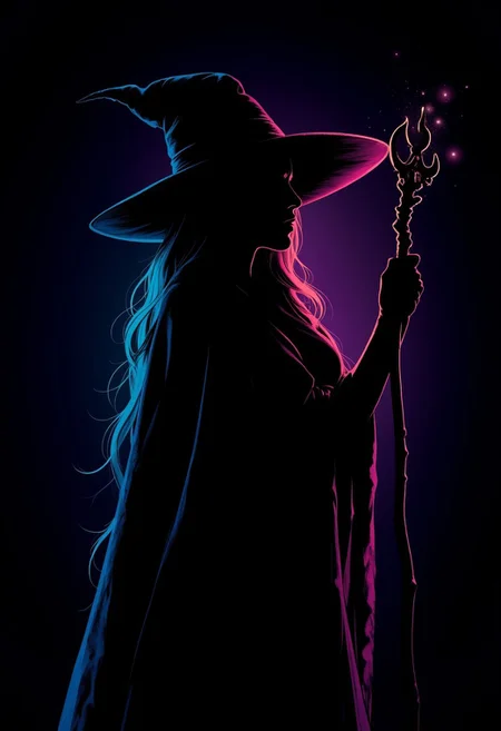 lifelike anime illustration, silhouetted outline against a dark background, rainbow colours, a female mage holding a magical staff, viewed from the side