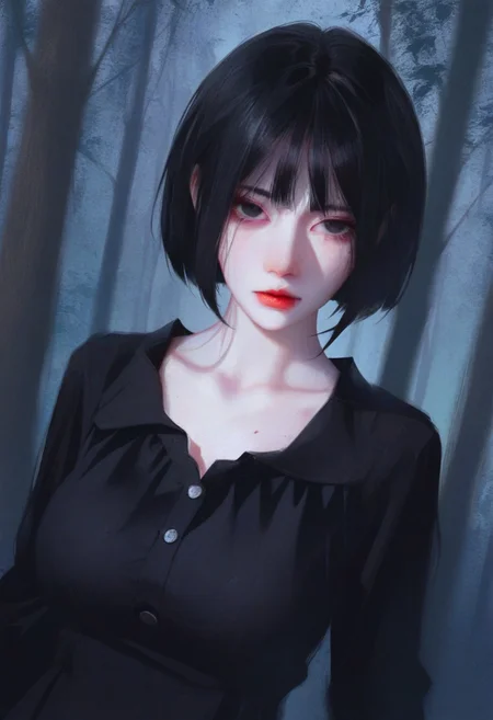 watercolor, lldn, detailed drawing, 1girl, solo, black hair, looking at viewer, short hair, bangs, closed mouth, dress, black eyes, dutch angle, red lips, fair skin, big breasts, dark forest, dappled moonlight, upper body, blood, lowered head