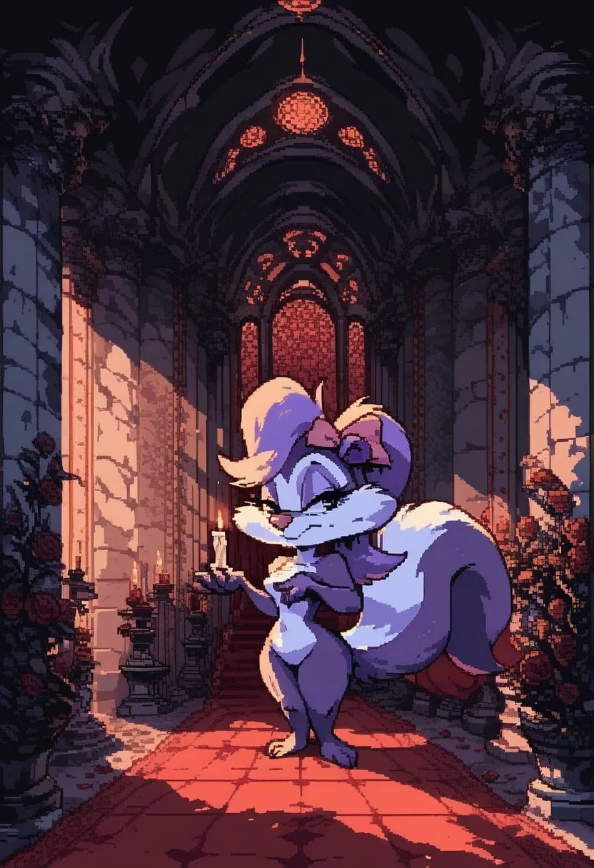 Fifi la fume holding a candlestick, looking over, mansion hallway, solo, female, [[[skunk]]], [[[ear bow]]], short stack, nude, <lora:FifilafumeTMS_Version1.b:1.00>, <lora:d3p1x3lXLP:1> pixel art, score_9, score_8_up, score_7_up, score_6_up, source_furry,
detailed background,
