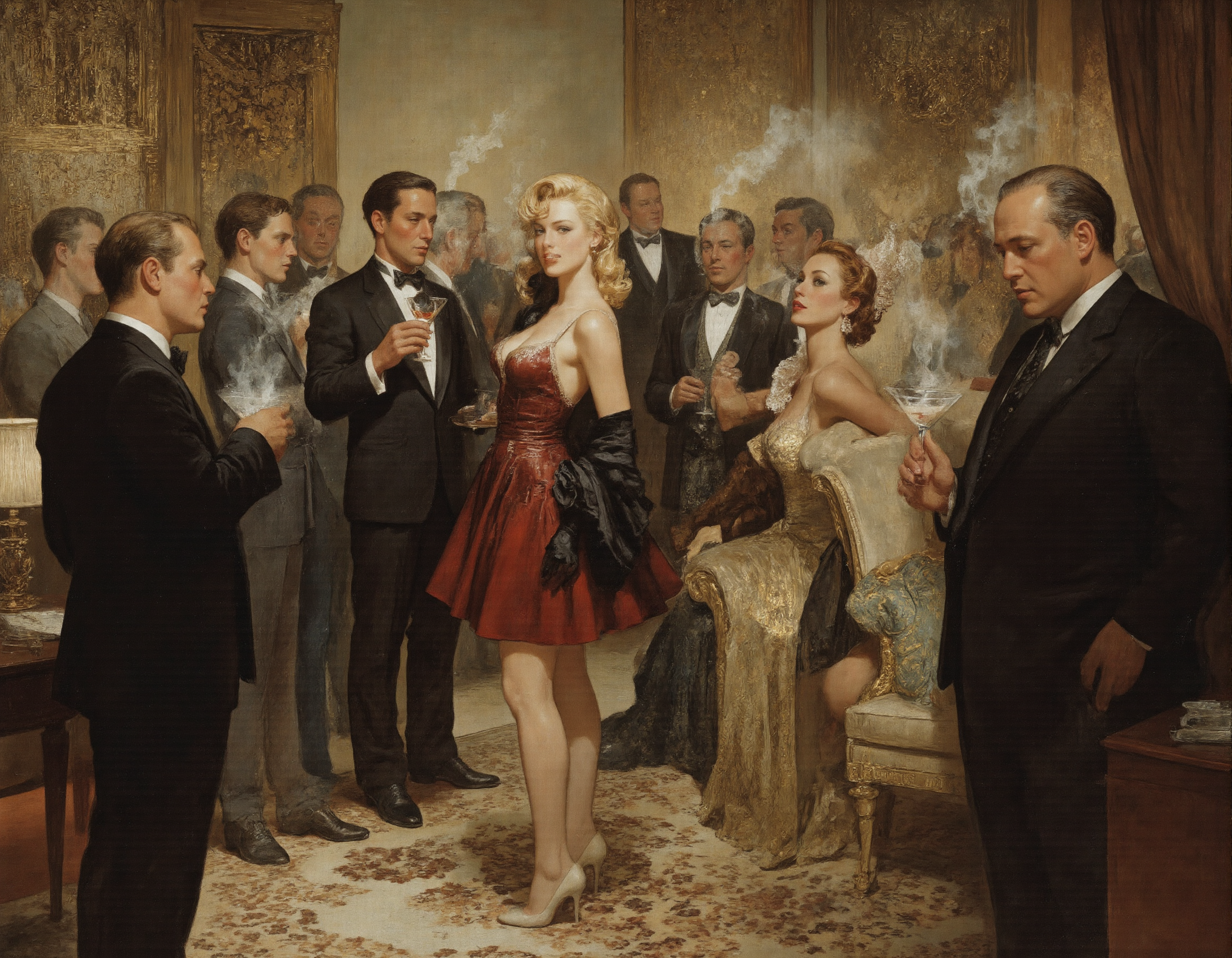 Norman Rockwell style AA swanky 1950s Manhattan cocktail party, dripping with mid-century glamourâmen in sharp suits, women in tight cocktail dresses with plunging necklines. Jerry Finn, slightly tipsy, stands in the center, charming a glamorous socialite with his broken English and over-the-top compliments. She responds with a coy smile, twirling her martini glass, while her jealous husband, a portly businessman with a comically red face, glares, clutching his cigar. The room is a haze of cigarette smoke, with a tacky leopard-print rug and gaudy gold decor amplifying the ridiculousness, <lora:MysticXXX-V7:0.5>, <lora:Dark_Fantasy_Pulp_Pinup:0.5> . Realistic, narrative, Americana, detailed, "abstract